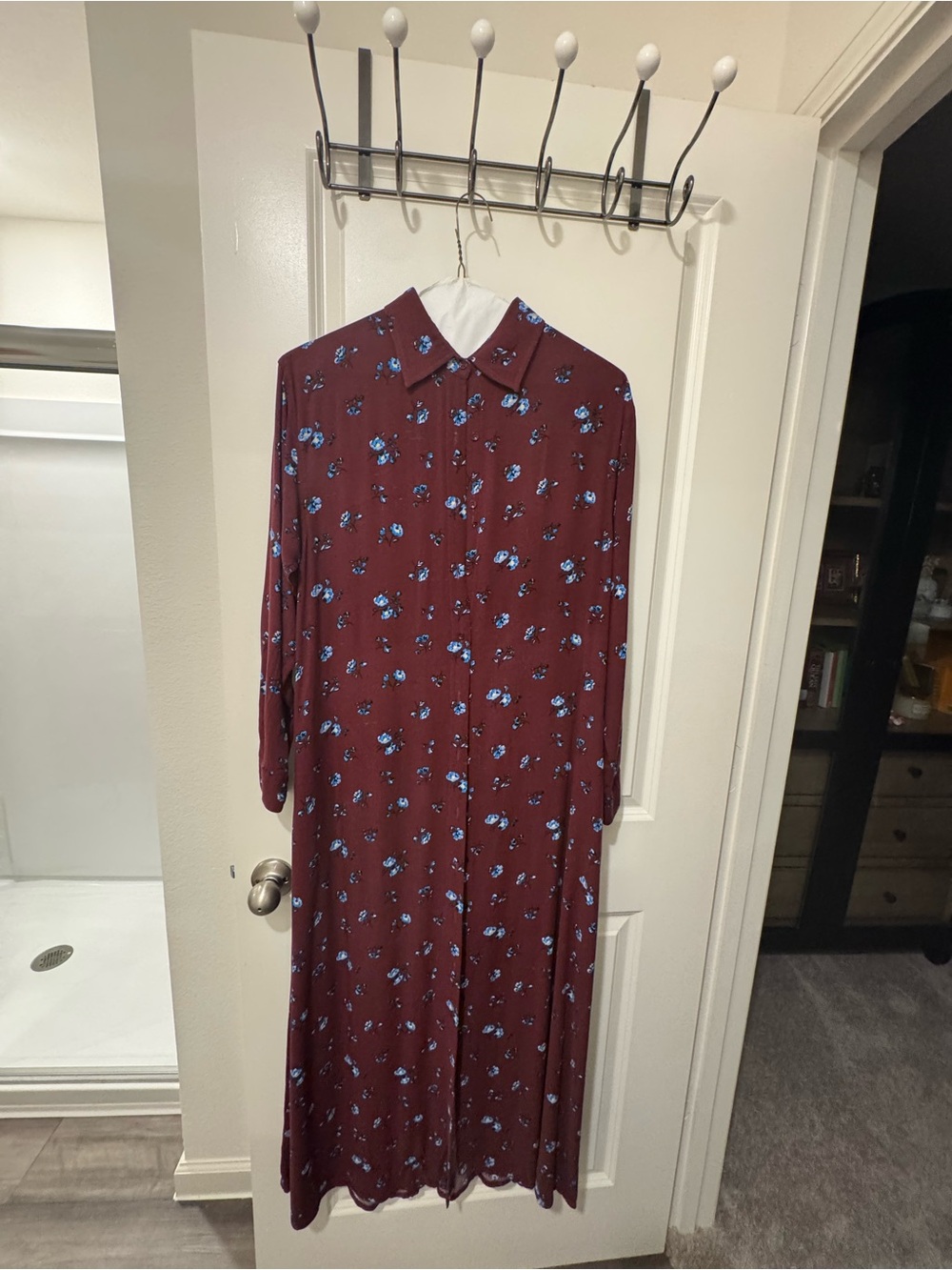 Long Burgundy Floral Maxi Shirt Dress